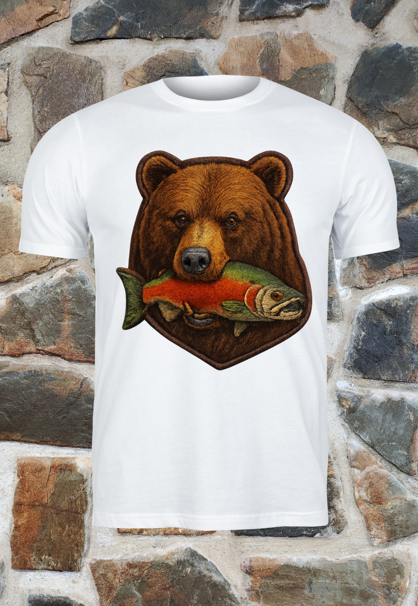 Oso comiendo salmón. Efecto bordado