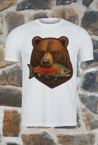 Oso comiendo salmón. Efecto bordado